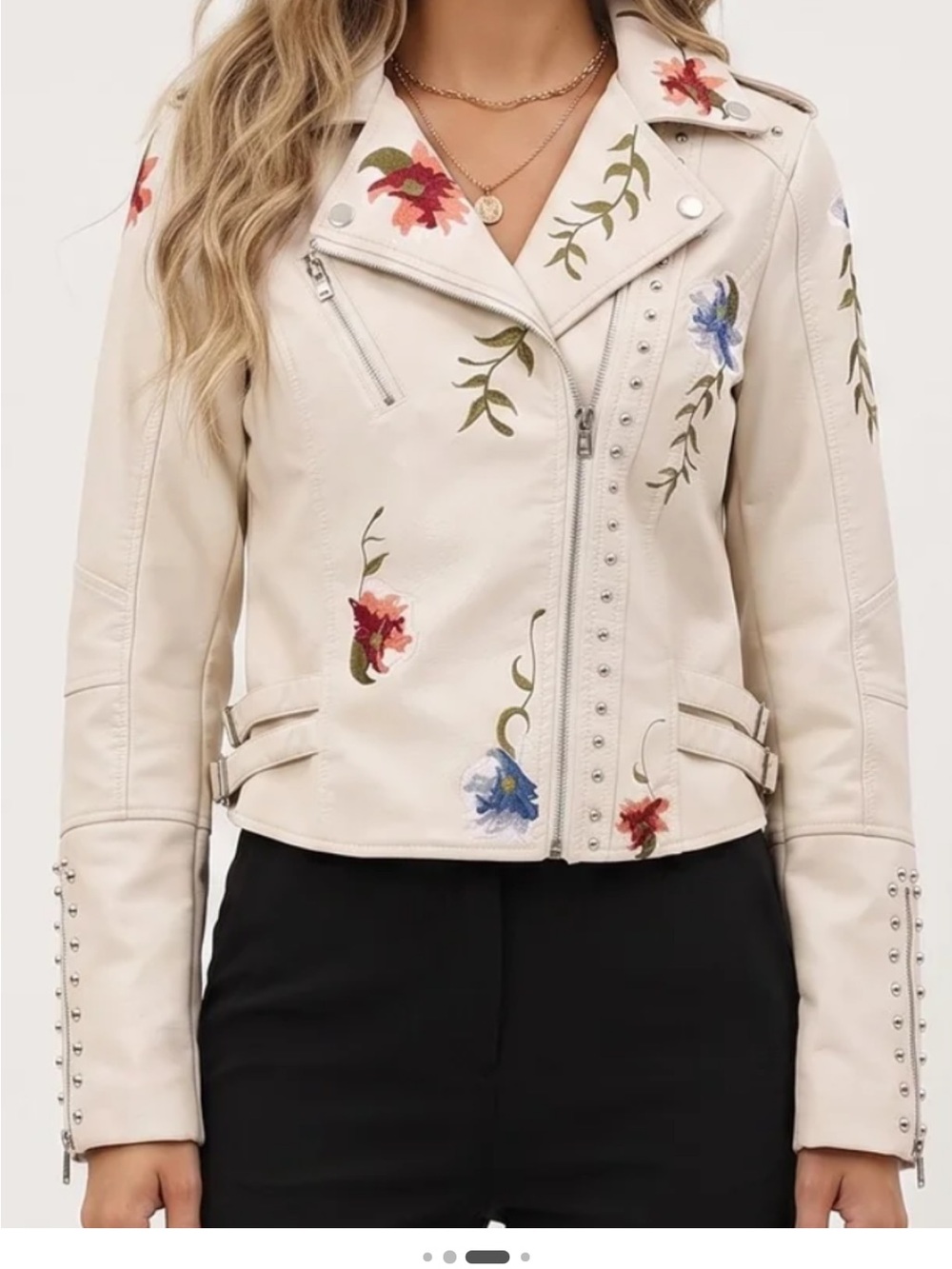 Embroidered Cream Floral Moto Jacket